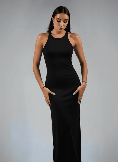Lyra Maxi Dress by Lauven, black minimalist ribbed silhouette with side slit for modern elegance.