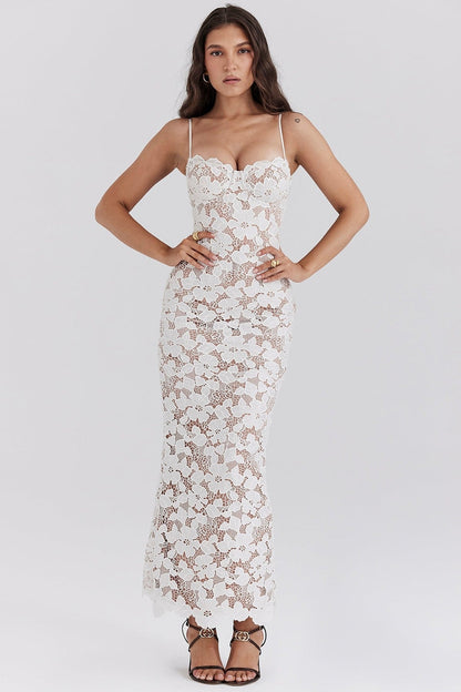 White lace Amélie maxi dress featuring intricate detailing, perfect for weddings and formal occasions.