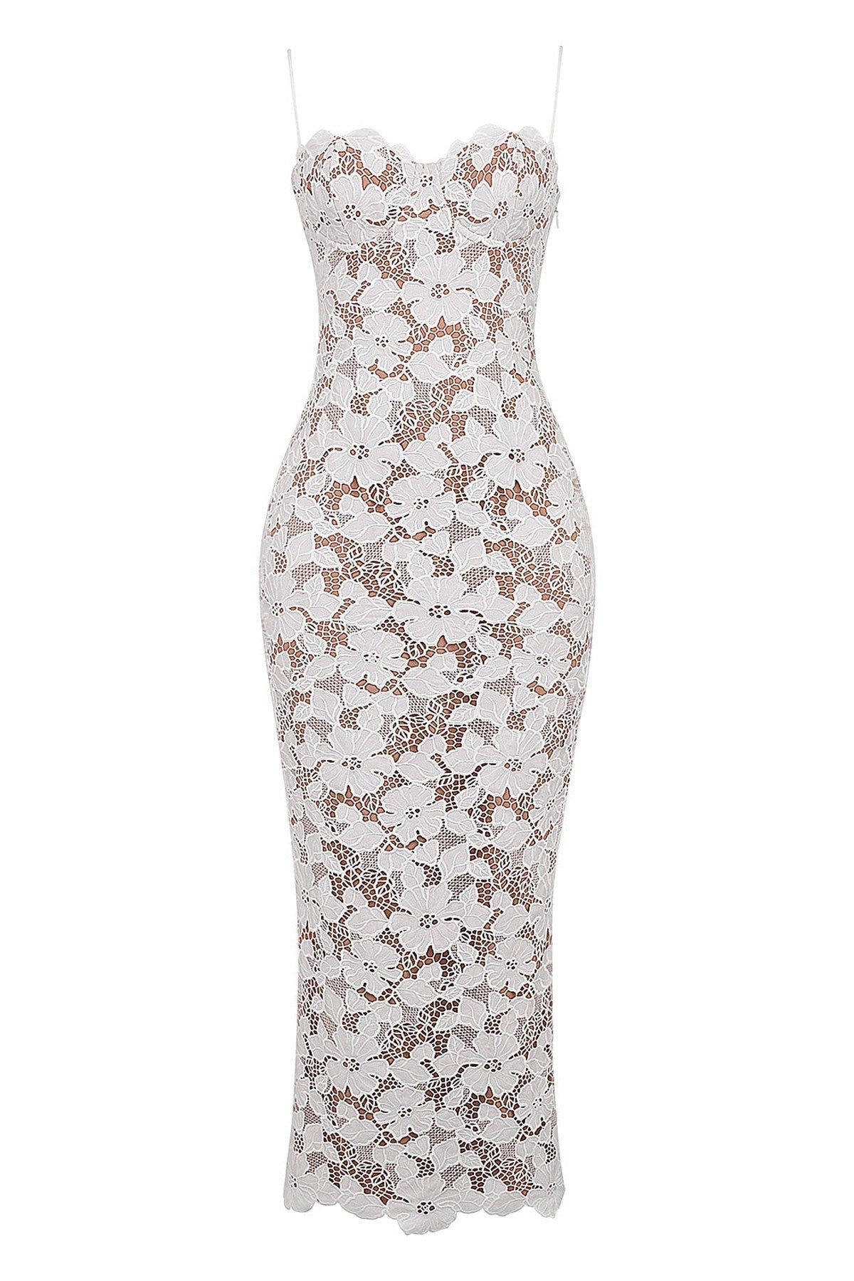 White lace Amélie Maxi Dress with intricate detailing for special occasions, ideal for weddings and summer events.