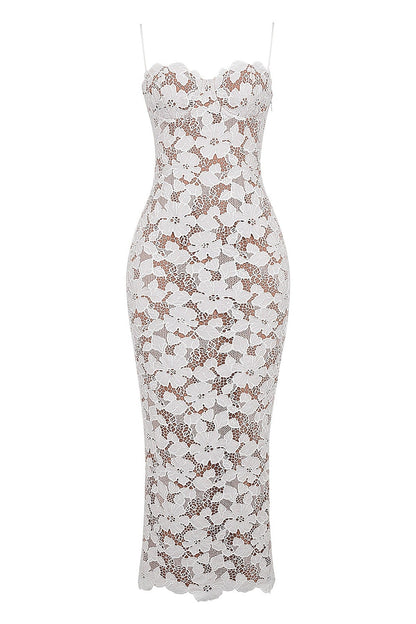 White lace Amélie Maxi Dress with intricate detailing for special occasions, ideal for weddings and summer events.