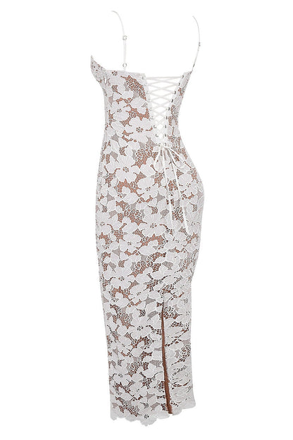 Elegant white lace maxi dress showcasing intricate detailing and a flattering silhouette with a stylish back design.