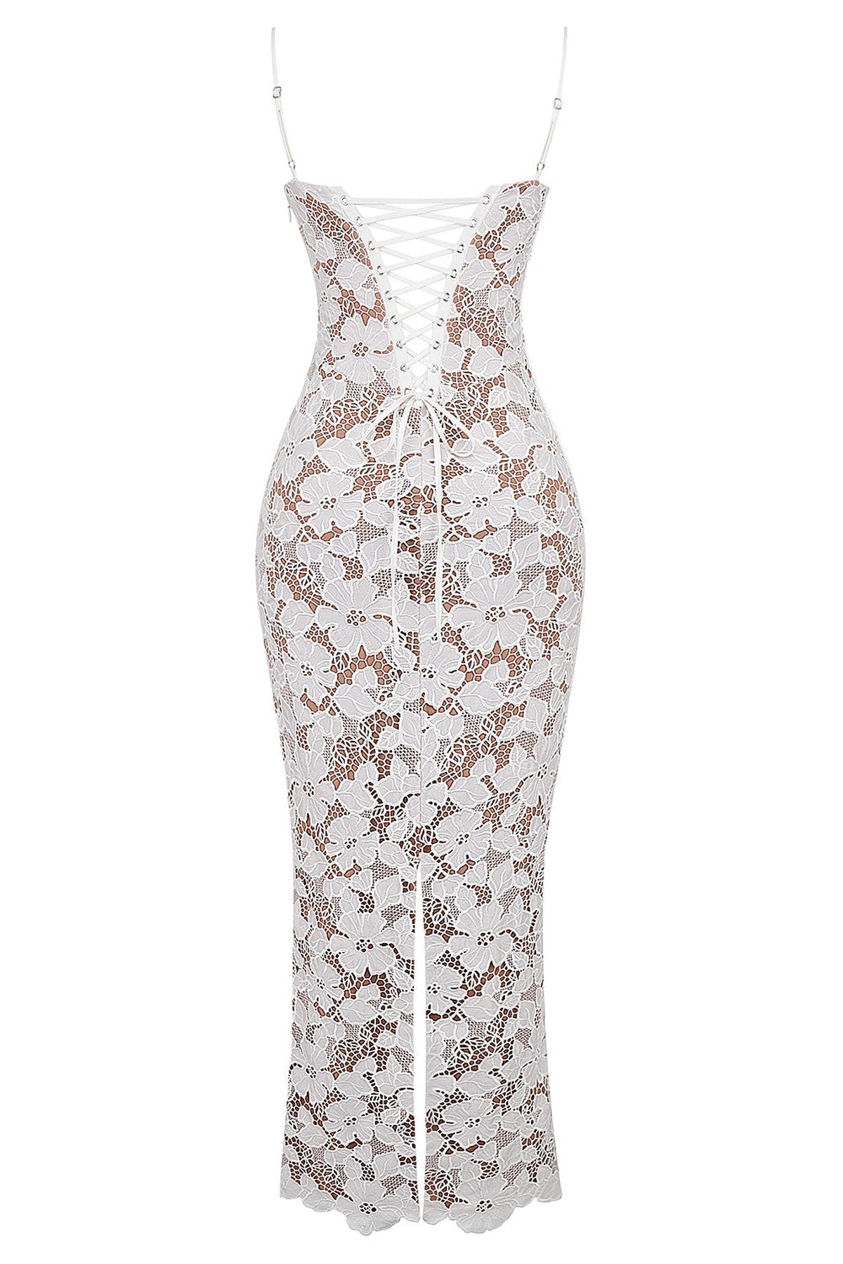 Elegant white lace maxi dress with intricate floral detailing and a flattering silhouette for special occasions.