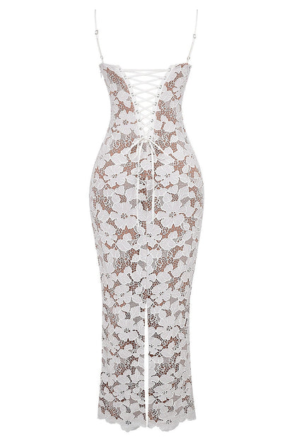Elegant white lace maxi dress with intricate floral detailing and a flattering silhouette for special occasions.