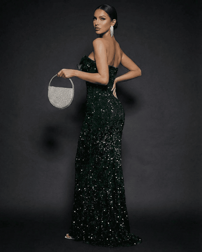 Emerald Maxi Dress by Lauven, a strapless sequin party dress showcasing elegance and glamour.