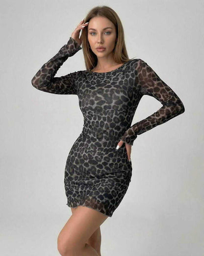 Lyra Mini Dress by Lauven, featuring a chic leopard print mesh design and flattering silhouette.
