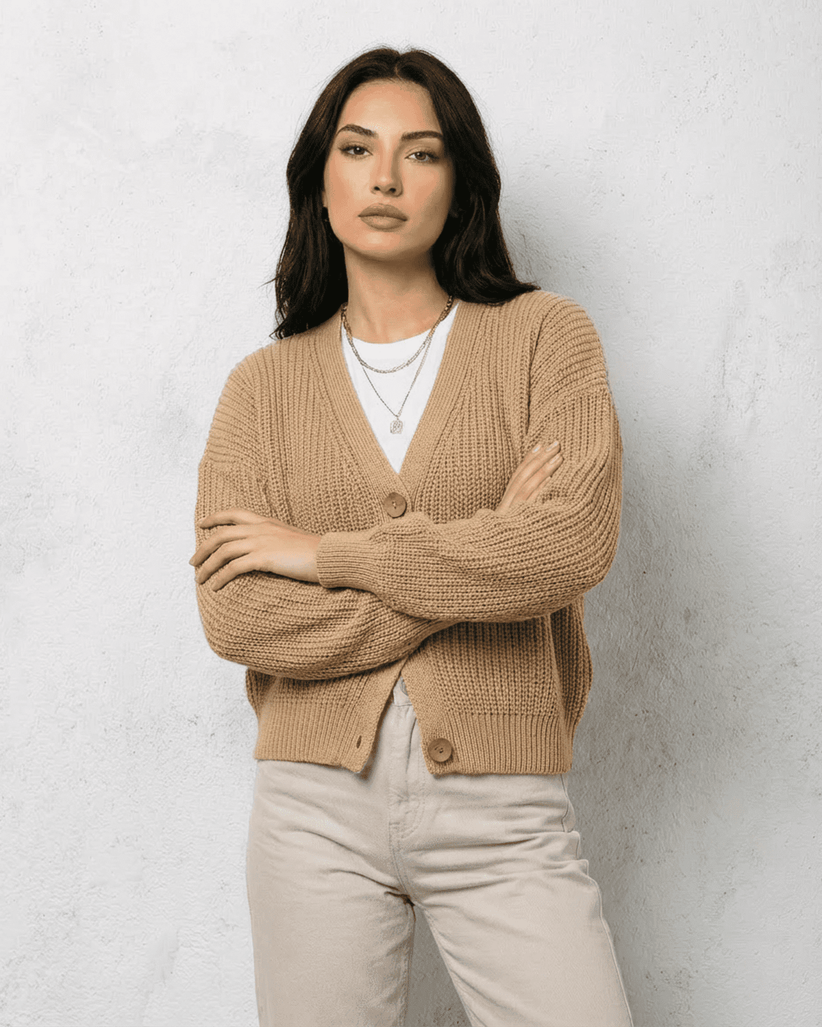 Saffron Cardigan by Lauven, elegant beige knitwear with relaxed V-neck and loose fit for cozy luxury.