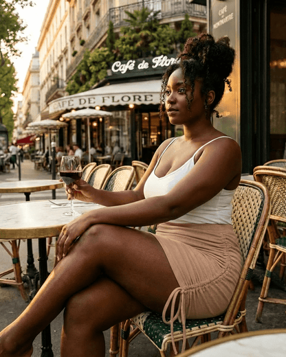 Woman enjoying a drink at a cafe, wearing a Sand Mini Skirt by Lauven, featuring adjustable drawstrings and a rib-knit texture.