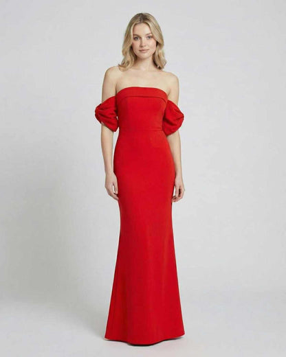 Scarlet Maxi Dress by Lauven - Off-Shoulder Bodycon Maxi Dress with Open Back in bold red hue.
