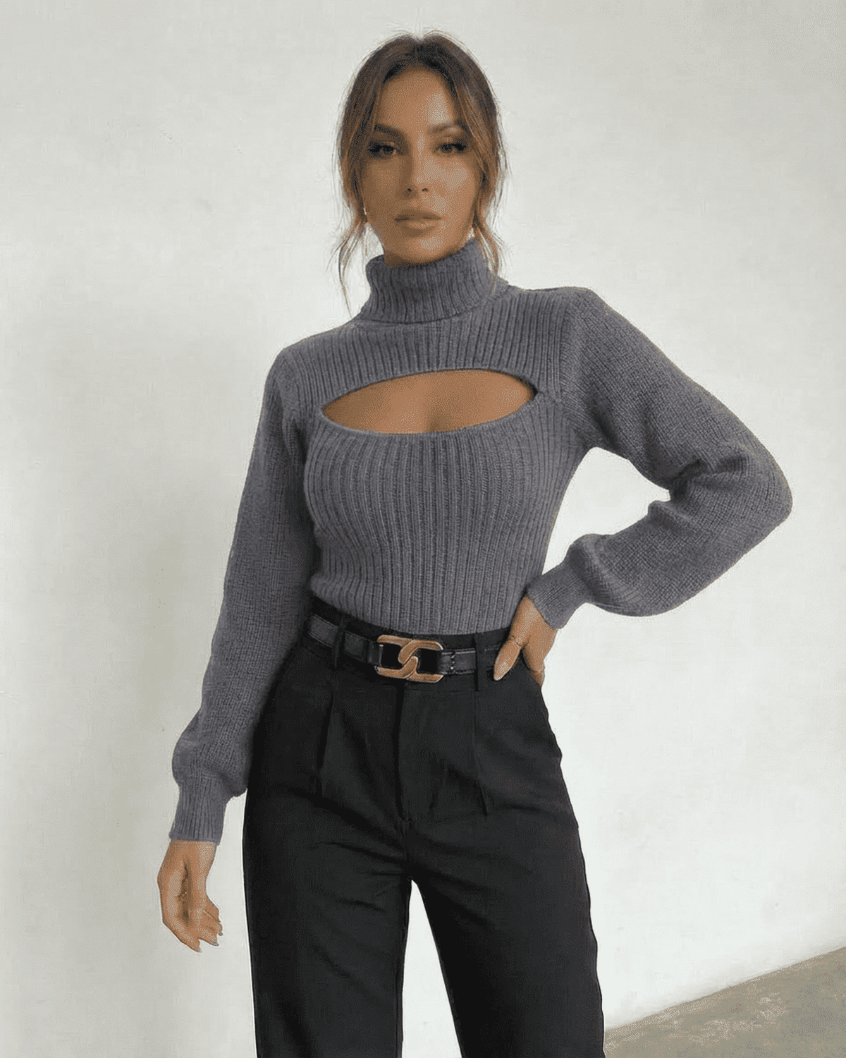 Slate Sweater by Lauven - Mock Neck Cut Out Ribbed Knit Long Sleeve for Fall and Winter.