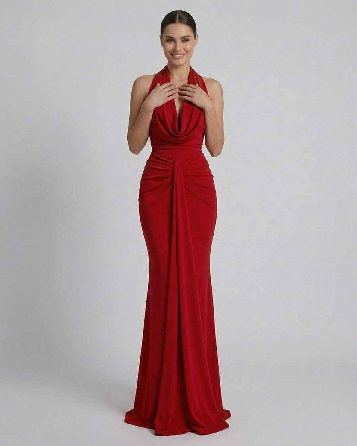 Celeste Maxi Dress by Lauven, elegant red satin silhouette for formal occasions.