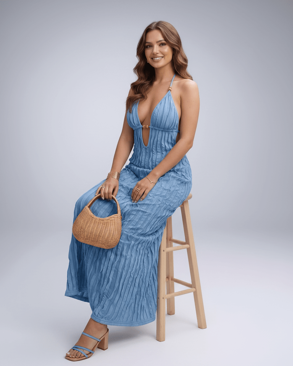 Lunara Maxi Dress featuring textured polyester blend, halter v-neck, and modern silhouette by Lauven, perfect for warm weather.