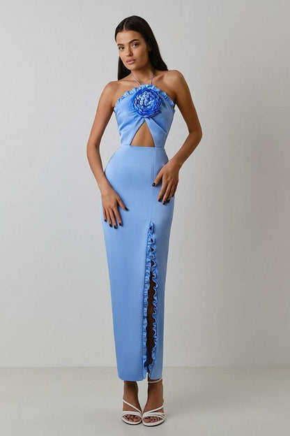 Iris Women's satin maxi dress with 3D rose detail and slit hem, perfect for weddings and formal occasions.