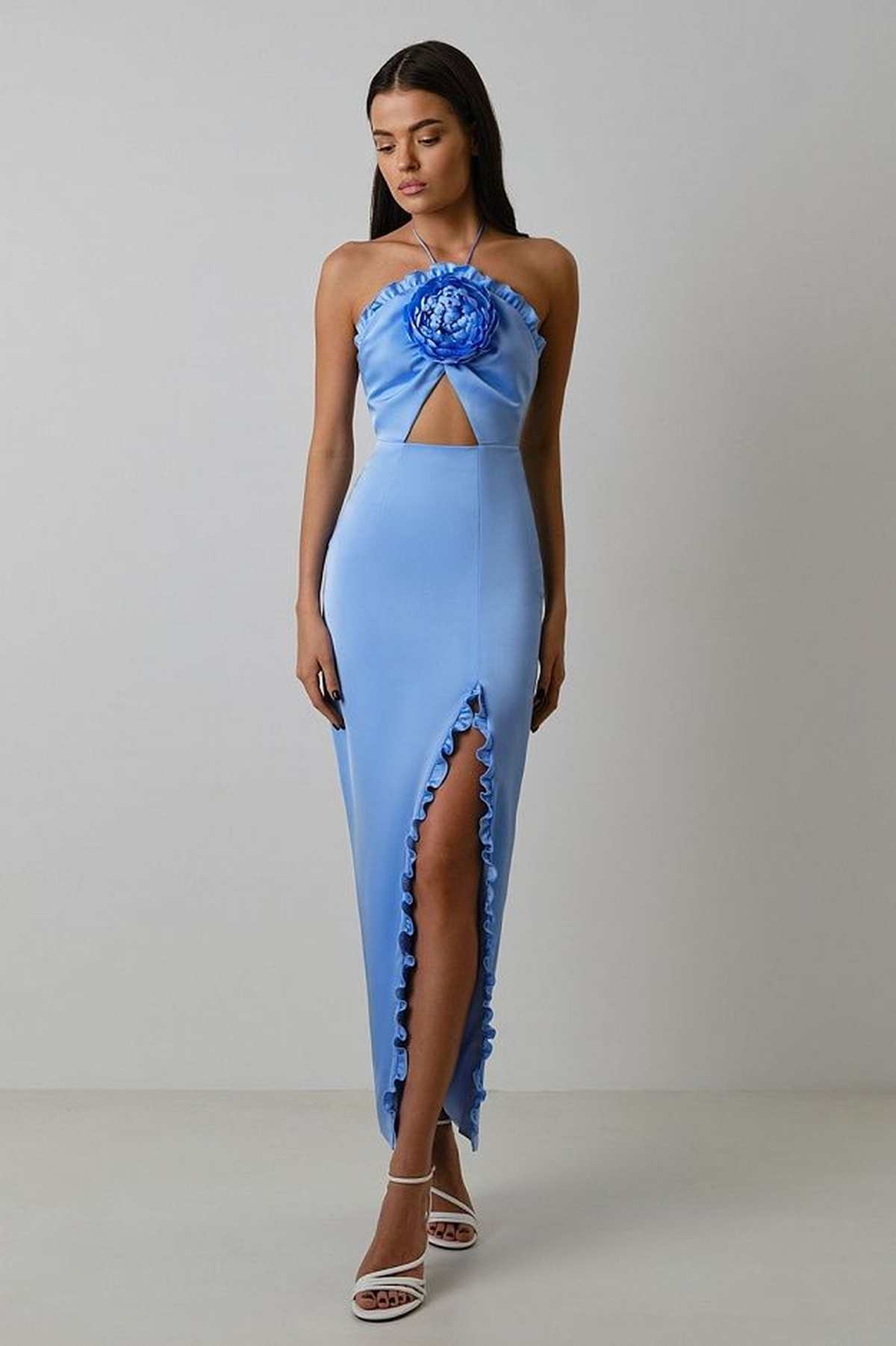 Elegant blue satin maxi dress featuring a 3D rose design and thigh-high slit, perfect for summer occasions.