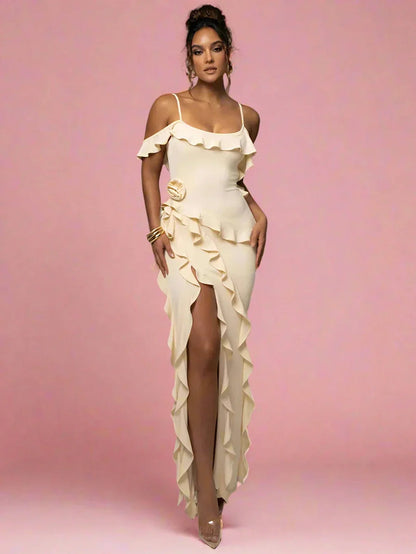 Elegant Aurora Maxi Dress with cascading ruffles and thigh-high slit, perfect for special occasions.