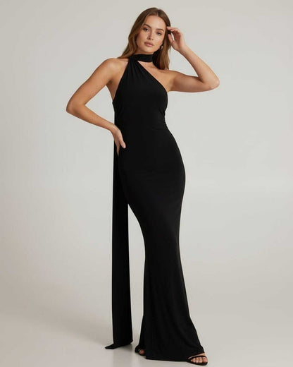 Solene Maxi Dress by Lauven, black halter neck dress with draped sash, elegant floor-length silhouette.
