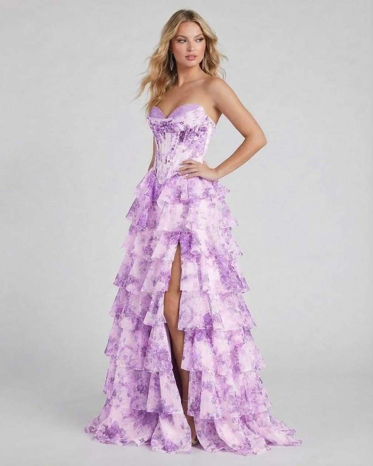 Violetta Maxi Dress by Lauven – Elegant purple floral tiered chiffon gown with high slit and corset bodice.