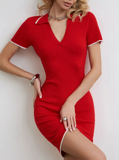 Vibrant red Ace Knit Polo mini dress with V-neckline and classic collar, perfect for summer parties and weddings.