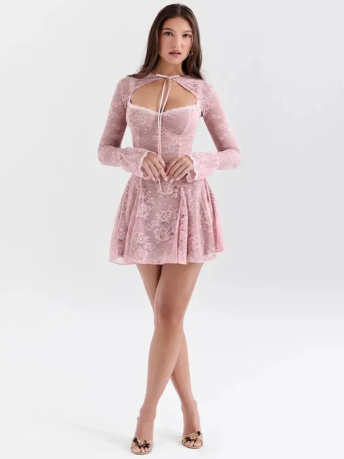 Adele Mini Dress in pink lace, perfect for weddings, parties, and elegant occasions as a stylish women's mini dress.