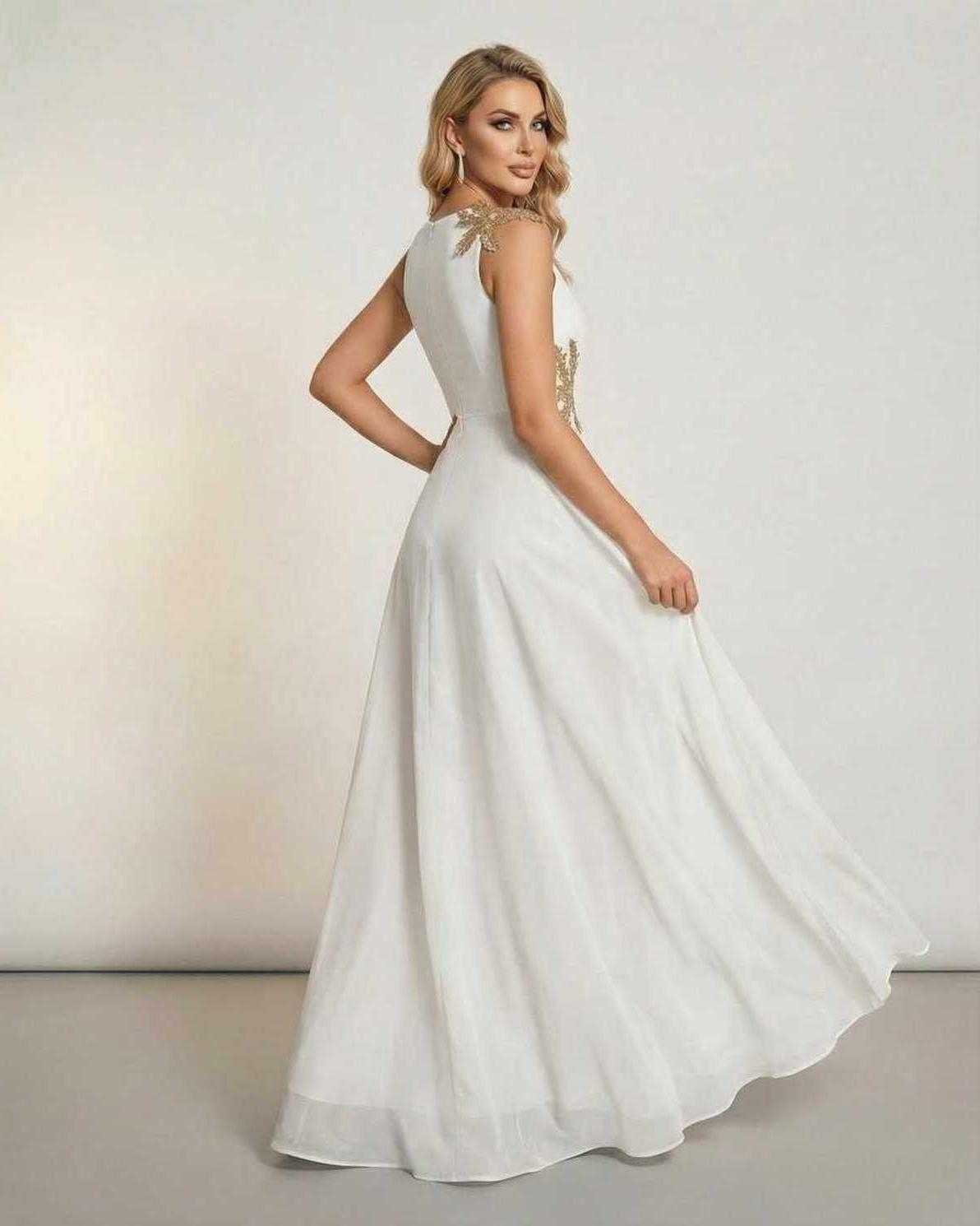 Alba Maxi Dress by Lauven, elegant white sleeveless circle design with intricate patchwork and graceful movement.