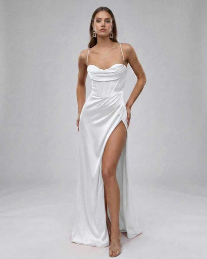 Alba Maxi Dress by Lauven, elegant white satin gown with high slit and structured bodice, perfect for special occasions.