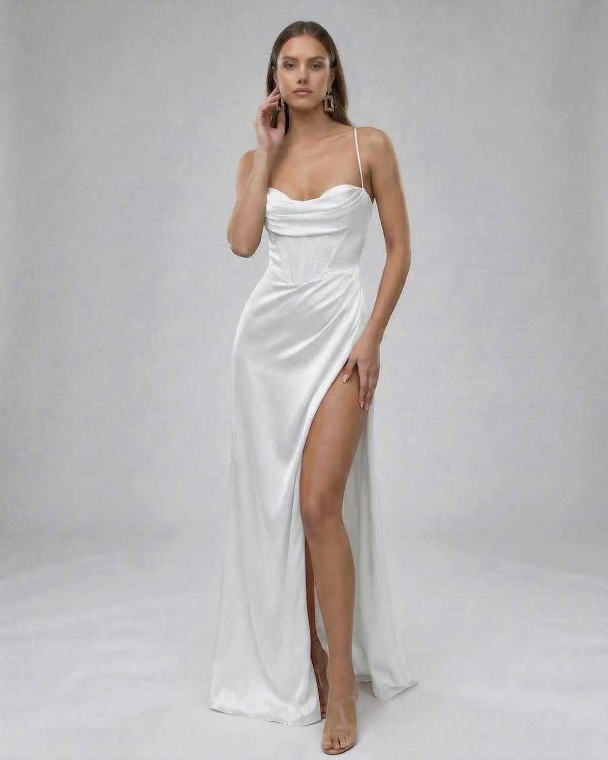Alba Maxi Dress by Lauven - Classic white satin gown with high slit, elegant silhouette, modern design, and luxurious sheen.