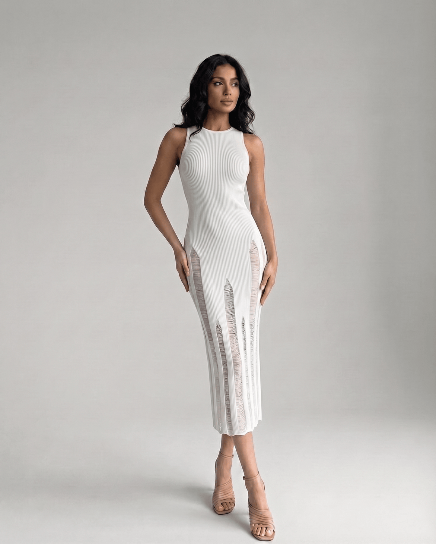 Alba Midi Dress featuring a sleeveless design and sculpted bodycon fit by Lauven, perfect for modern elegance.