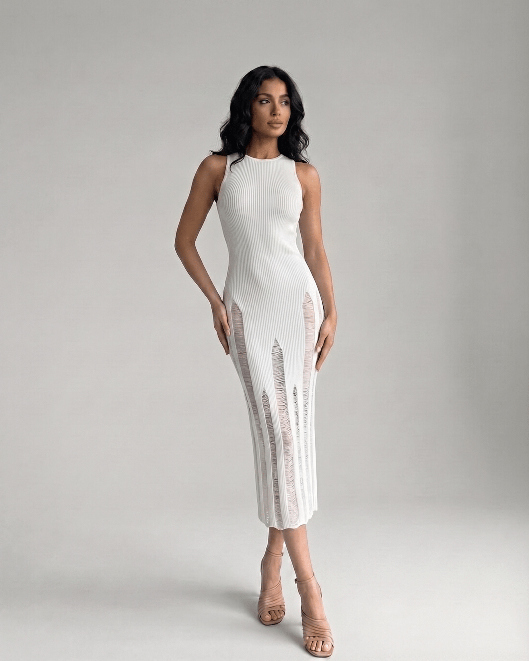 Alba Midi Dress featuring a sleeveless design and sculpted bodycon fit by Lauven, perfect for modern elegance.