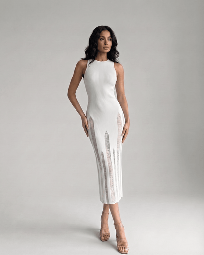 Alba Midi Dress featuring a sleeveless design and sculpted bodycon fit by Lauven, perfect for modern elegance.