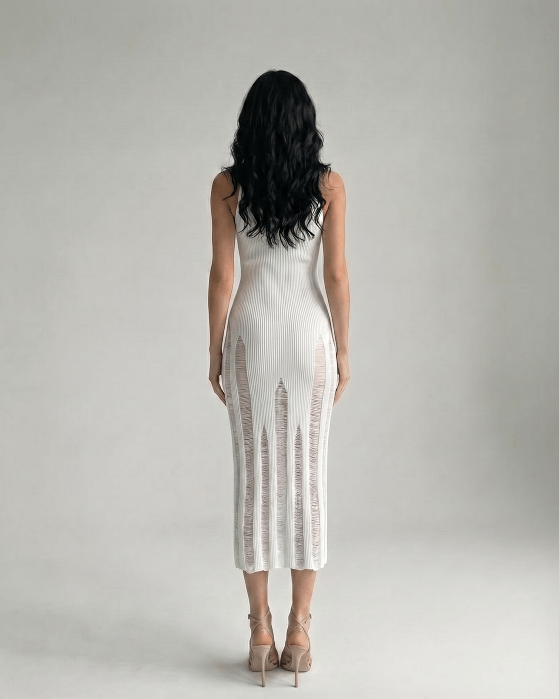 Alba Midi Dress in white, showcasing a sleeveless design and elegant bodycon fit from the back view, by Lauven.