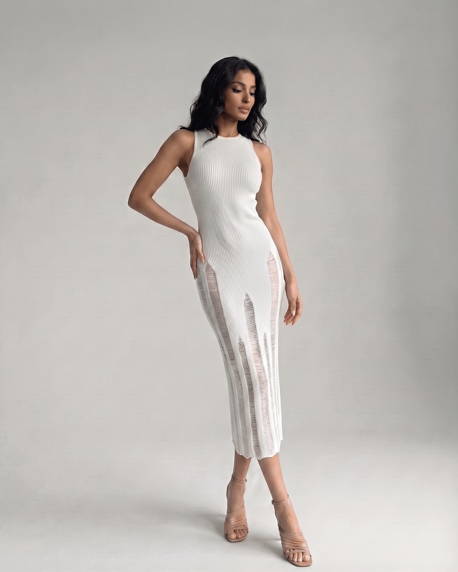 Alba Midi Dress featuring a sleek sleeveless design and sophisticated bodycon fit from Lauven, highlighting modern elegance.