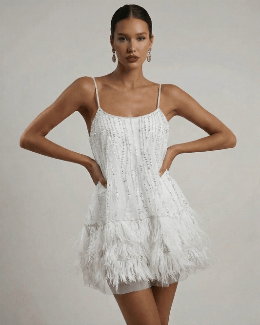 Alba Mini Dress by Lauven - Sequin Tulle Fairycore Mini Dress with Feather Tassel Hem, showcasing elegant design.