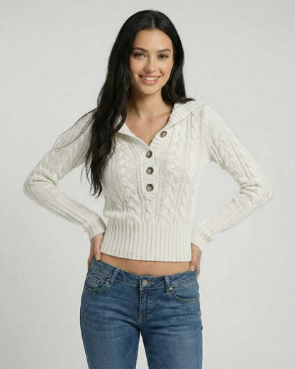 Alba Sweater by Lauven - Hooded Cable Knit Slim Fit Sweater showcasing intricate texture and a modern silhouette.