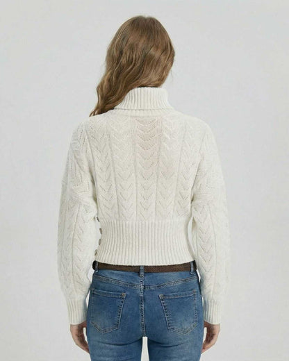 Back view of a woman wearing the Alba Sweater by Lauven, showcasing its elegant knit texture and fitted design.