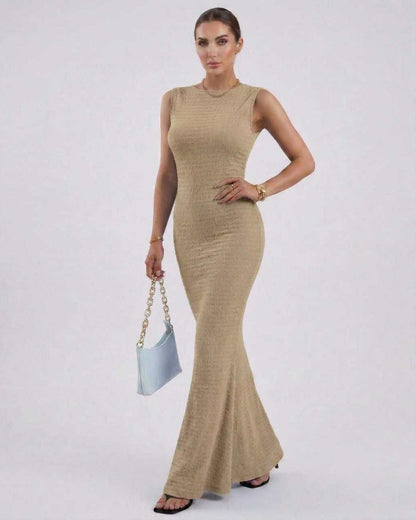 Alina Maxi Dress by Lauven, beige sleeveless ankle-length pencil dress with a form-fitting silhouette.
