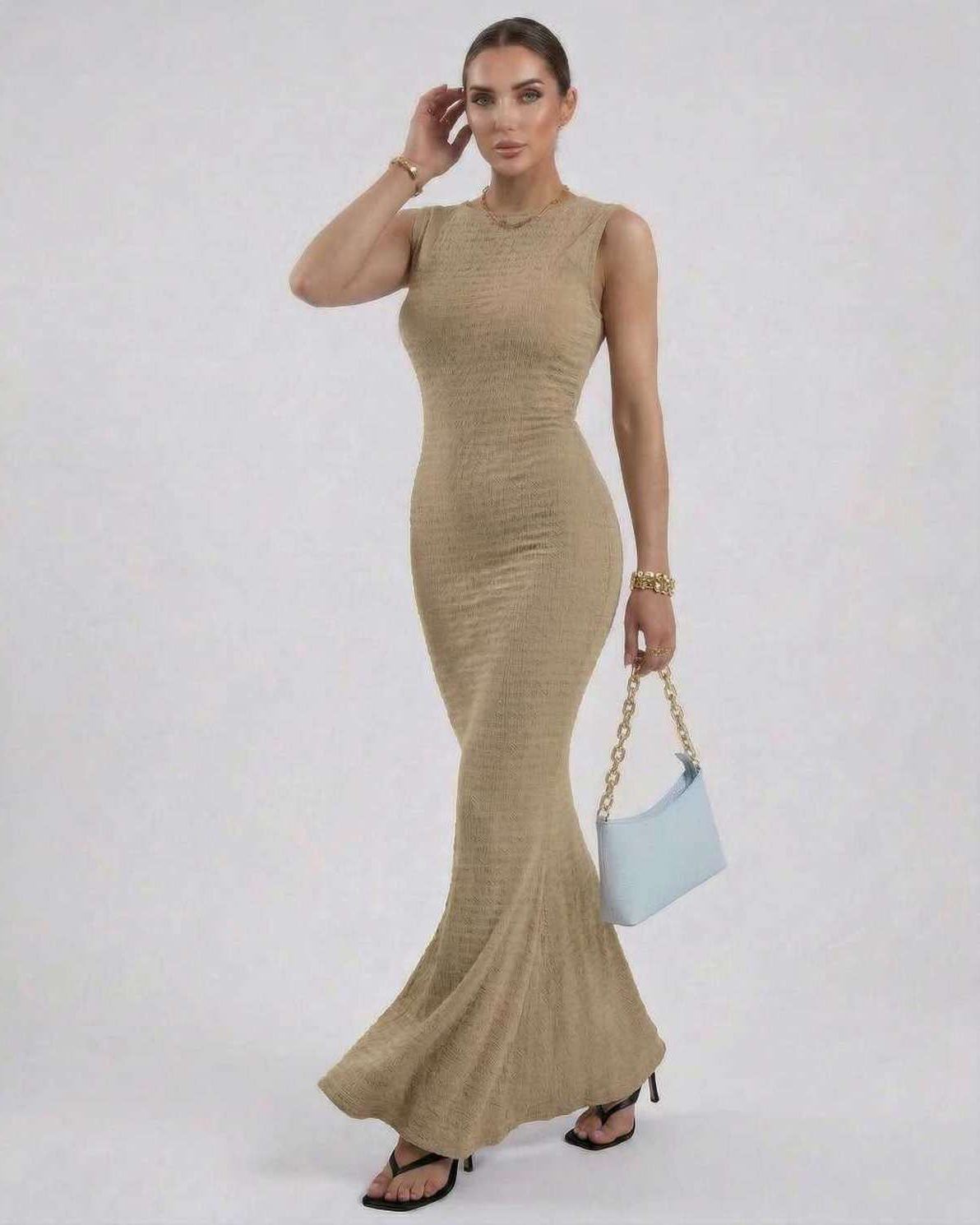 Alina Maxi Dress by Lauven in beige, sleeveless slinky fit, ankle-length silhouette, perfect for elegant occasions.