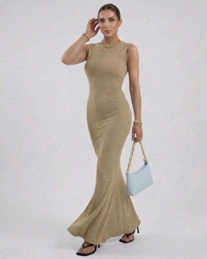 Alina Maxi Dress by Lauven in beige, sleeveless slinky fit, ankle-length silhouette, perfect for elegant occasions.