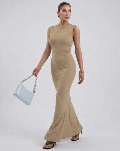 Alina Maxi Dress by Lauven - Beige Sleeveless Slim Fit Ankle-Length Pencil Dress with O-neckline