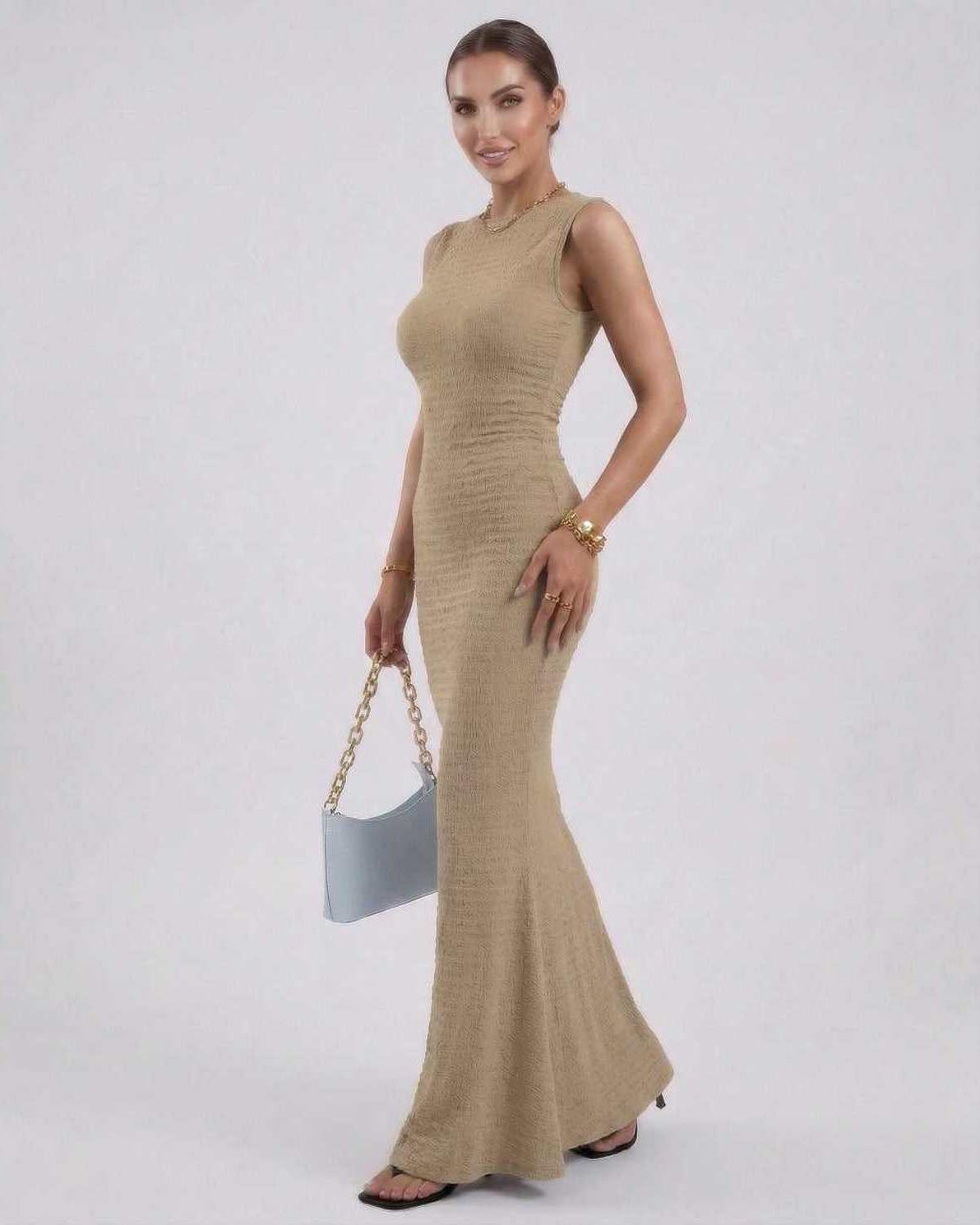 Alina Maxi Dress by Lauven - Beige Sleeveless Slim Fit Ankle-Length Pencil Dress