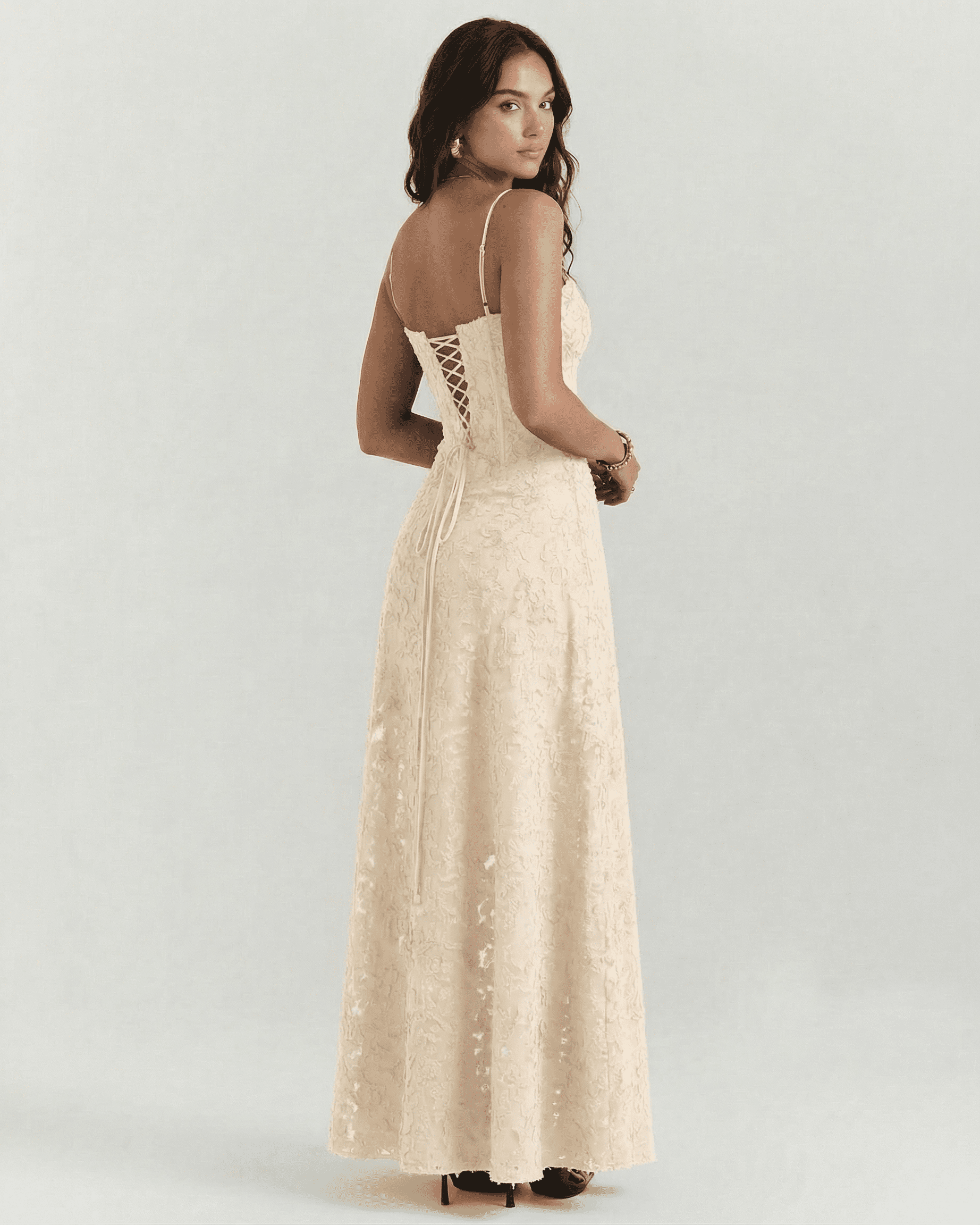 Alina Maxi Dress by Lauven, showcasing nude floral lace and corset back detail from the rear view.