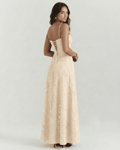 Alina Maxi Dress by Lauven, showcasing nude floral lace and corset back detail from the rear view.