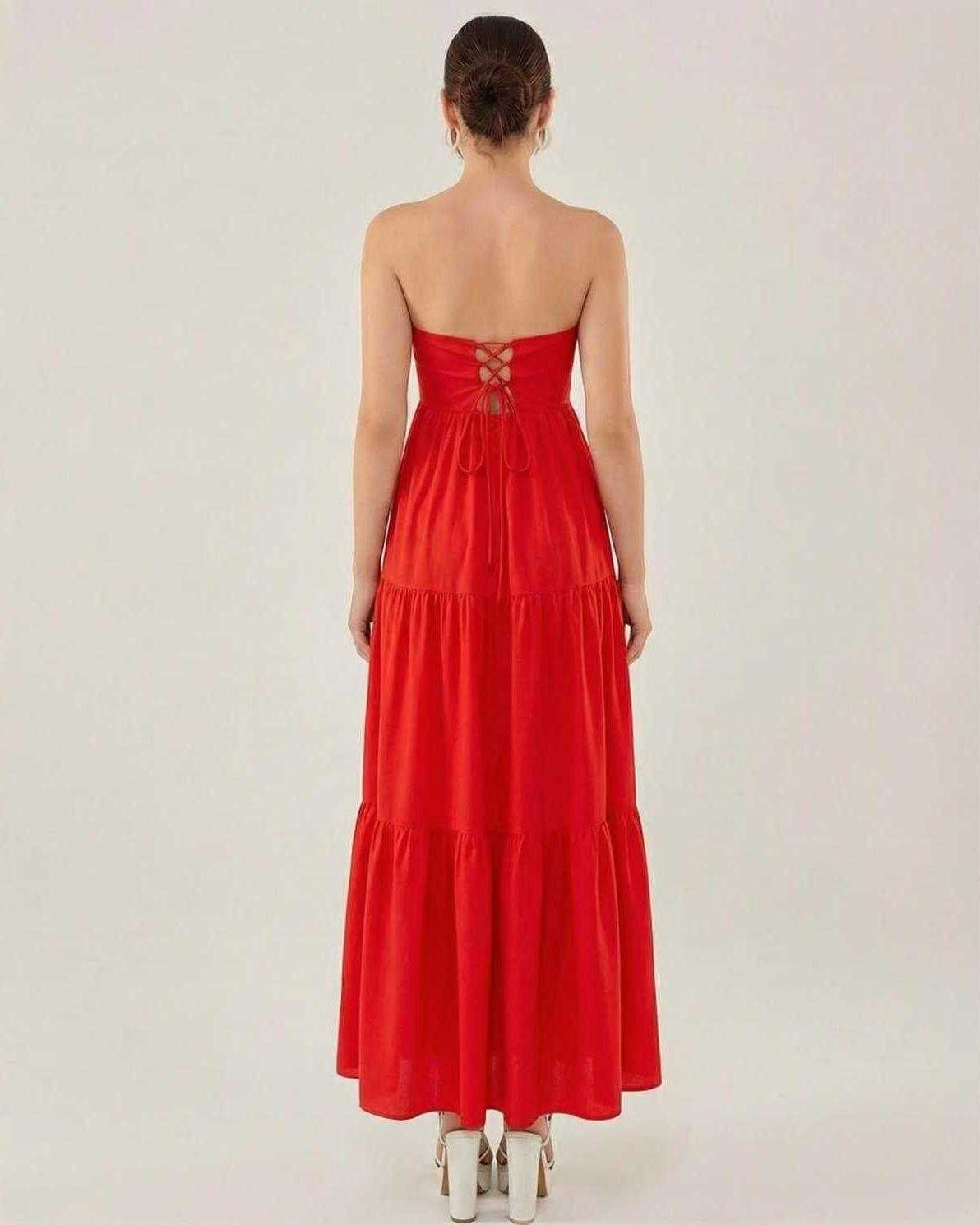 Allegra Midi Dress by Lauven - Back view of strapless red dress with tiered skirt.