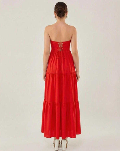 Allegra Midi Dress by Lauven - Back view of strapless red dress with tiered skirt.