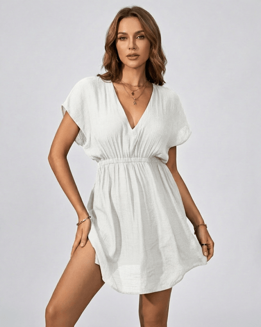 Lauven Althea Cover Up white floral loose dress cover up with V-neckline and relaxed short sleeves.