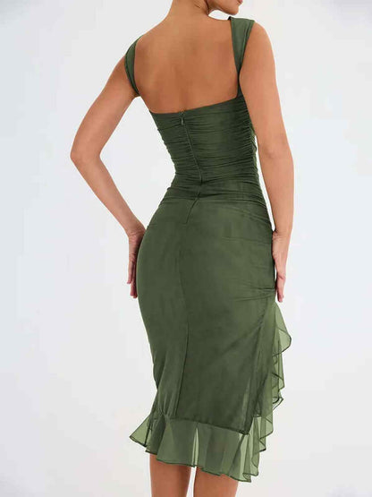 Back view of an olive green bodycon midi dress with ruched design and flared hem, perfect for elegant occasions.