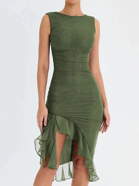 Olive green bodycon midi dress with ruched detail and layered hem for a chic, sophisticated look.