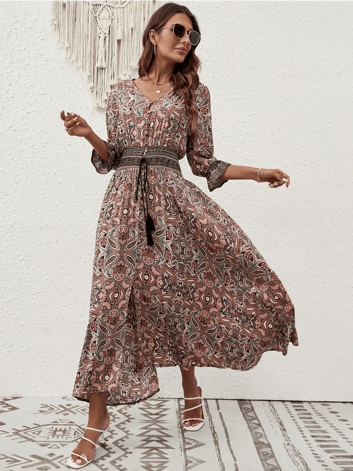 Amber Muse Maxi Dress featuring a paisley pattern and smocked waistband, perfect for summer boho elegance.