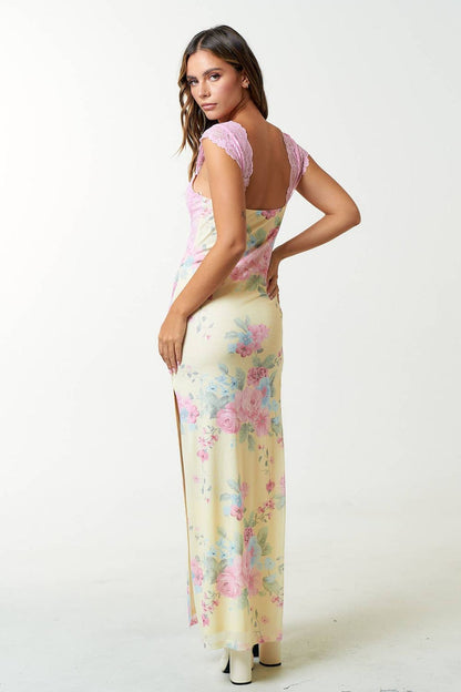 Amélie Maxi Dress featuring a soft pink lace bodice and floral print, perfect for summer or formal occasions.