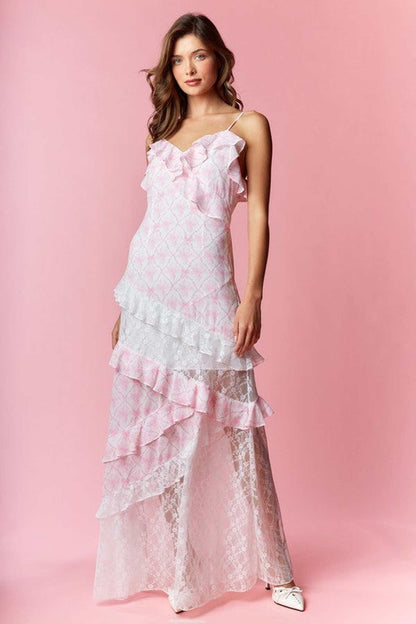 Amélie Women’s Dress featuring a pink ruffle lace maxi design, perfect for summer, weddings, and elegant occasions.