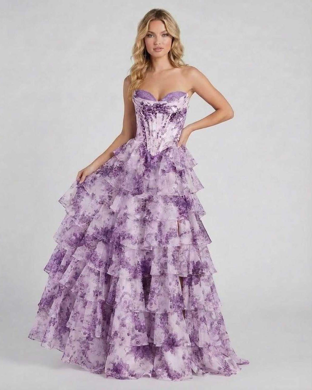Amethyst Maxi Dress by Lauven featuring a strapless corset and tiered chiffon skirt with floral design.
