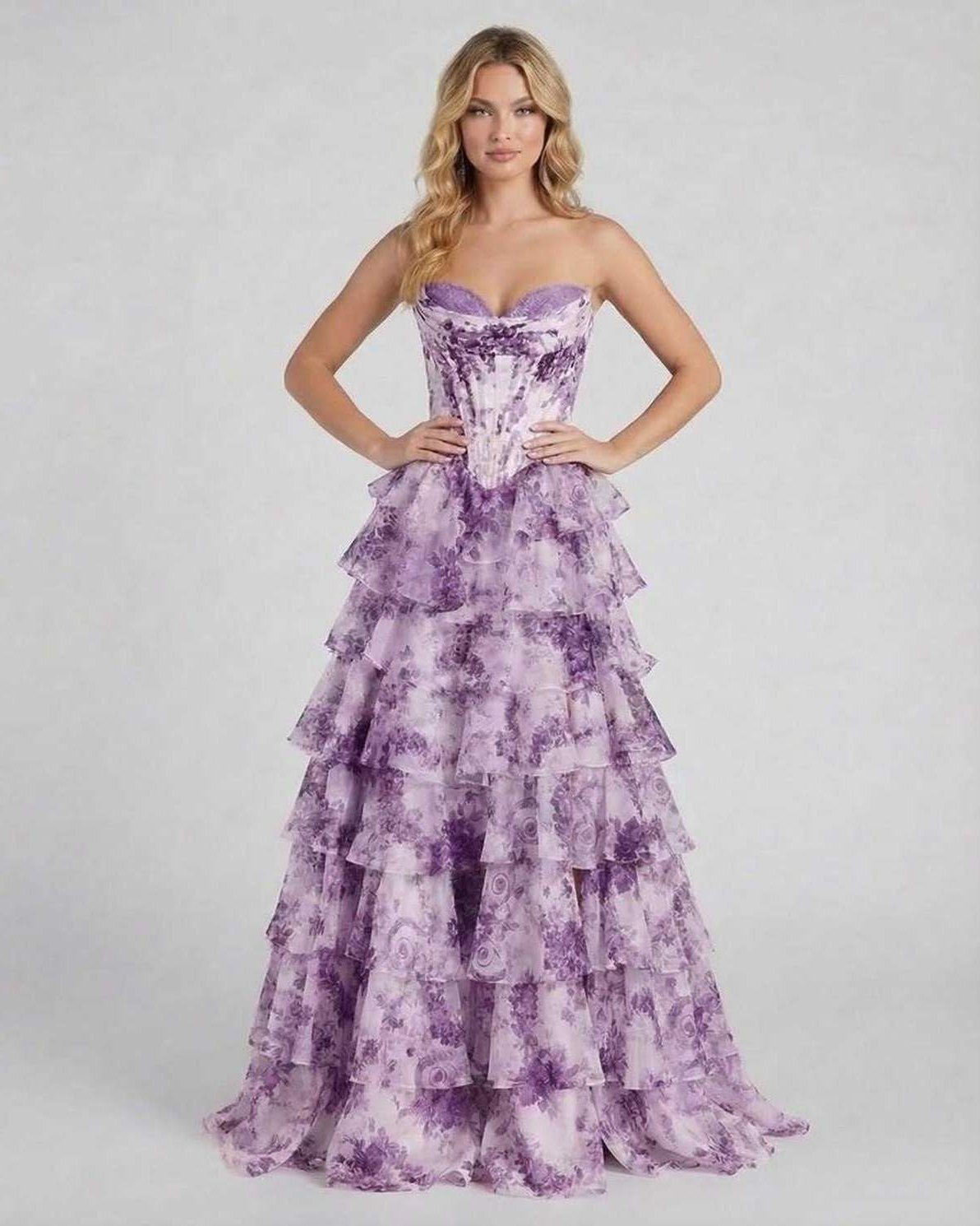 Amethyst Maxi Dress by Lauven, featuring a structured strapless bodice and dramatic tiered chiffon skirt in purple floral design.